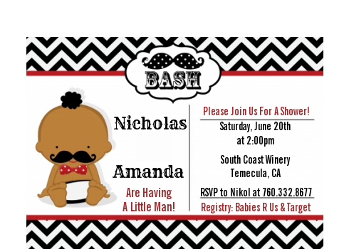  Little Man Mustache Black/Grey - Baby Shower Petite Invitations African American Black/Red