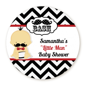  Little Man Mustache Black/Grey - Round Personalized Baby Shower Sticker Labels Caucasian