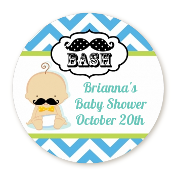  Little Man Mustache - Round Personalized Baby Shower Sticker Labels Caucasian