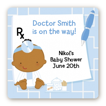  Little Doctor On The Way - Square Personalized Baby Shower Sticker Labels Caucasian