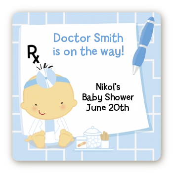  Little Doctor On The Way - Square Personalized Baby Shower Sticker Labels Caucasian