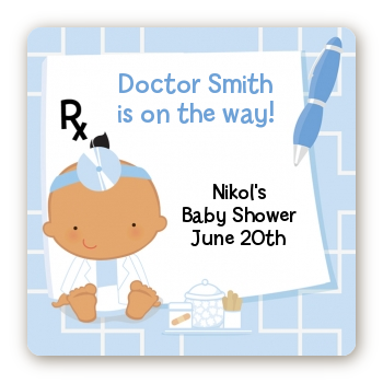  Little Doctor On The Way - Square Personalized Baby Shower Sticker Labels Caucasian