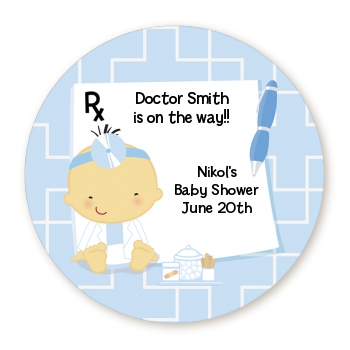  Little Doctor On The Way - Round Personalized Baby Shower Sticker Labels Caucasian