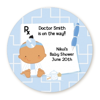  Little Doctor On The Way - Round Personalized Baby Shower Sticker Labels Caucasian