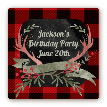 Lumberjack Buffalo Plaid - Square Personalized Birthday Party Sticker Labels