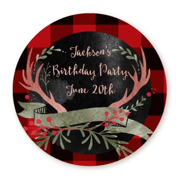  Lumberjack Buffalo Plaid - Round Personalized Birthday Party Sticker Labels 