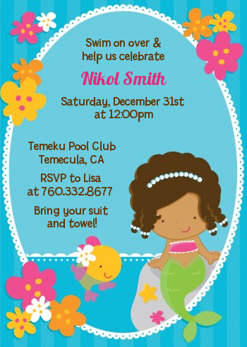 Mermaid African American - Birthday Party Invitations