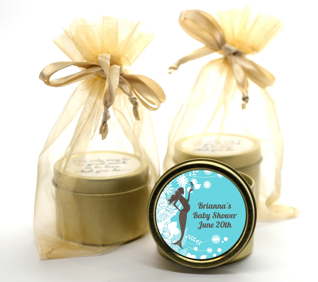  Mermaid Pregnant - Baby Shower Gold Tin Candle Favors Aqua