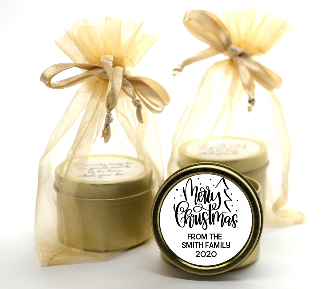  Merry Christmas with Tree - Christmas Gold Tin Candle Favors Black