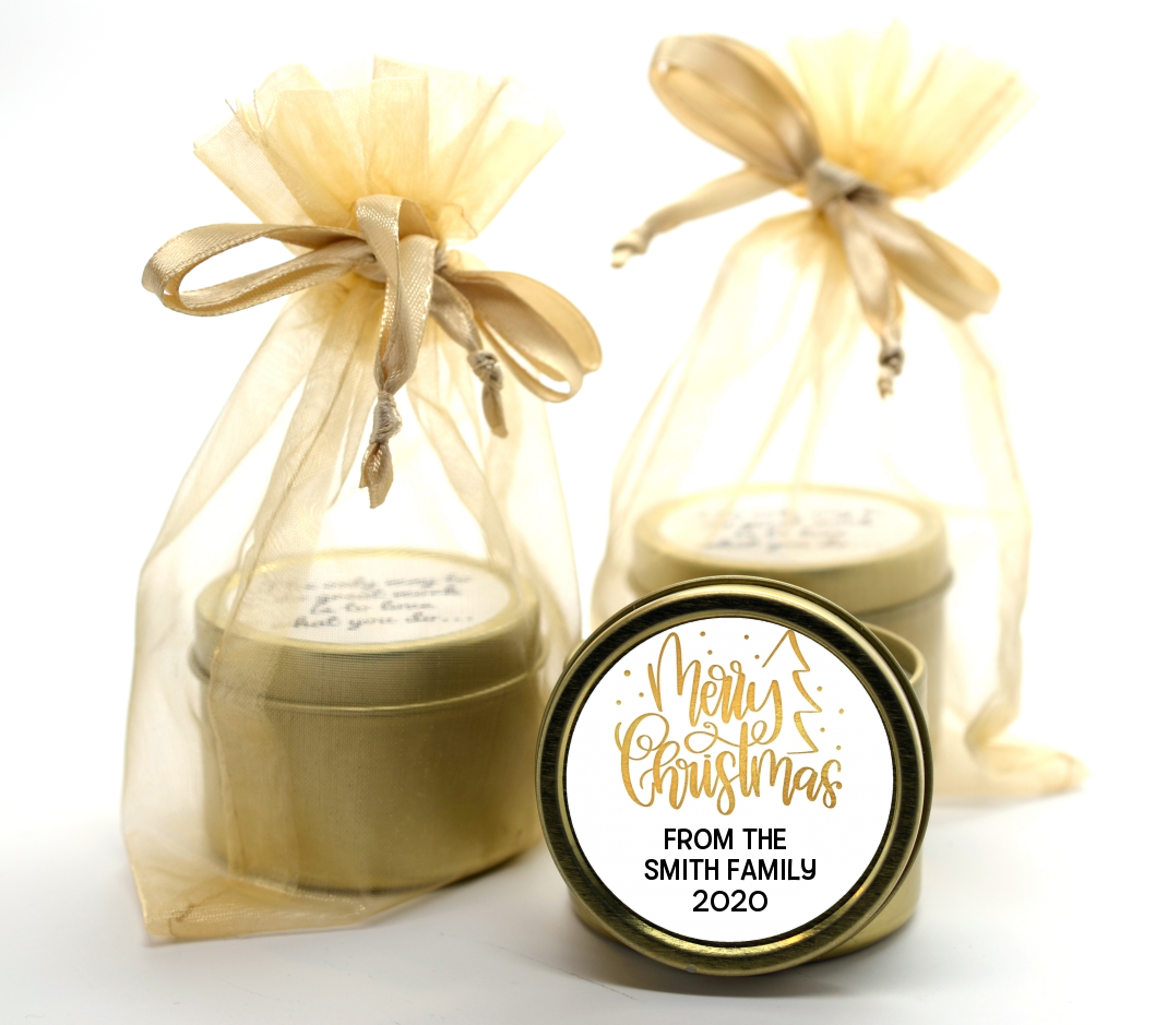  Merry Christmas with Tree - Christmas Gold Tin Candle Favors Black