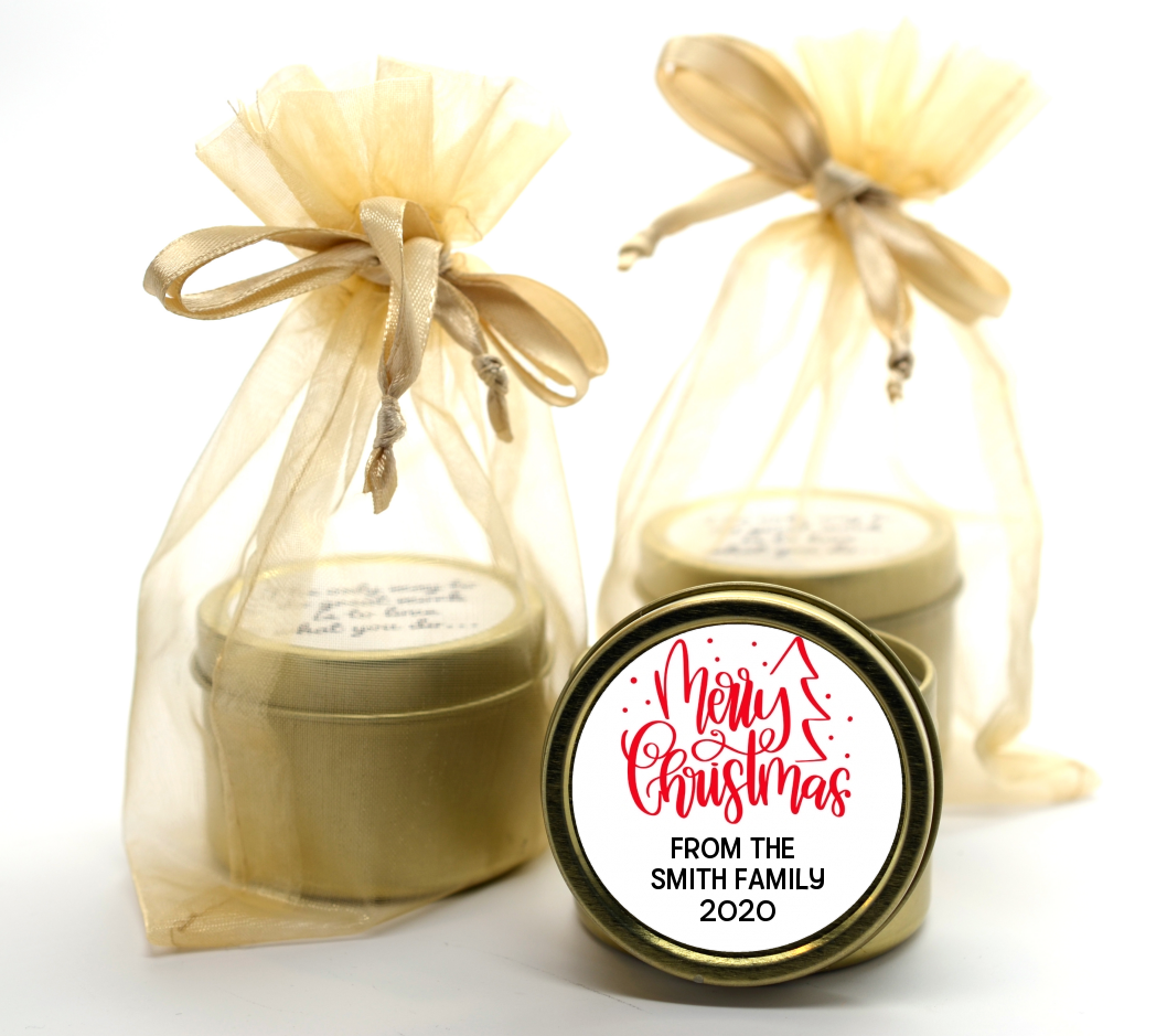  Merry Christmas with Tree - Christmas Gold Tin Candle Favors Black