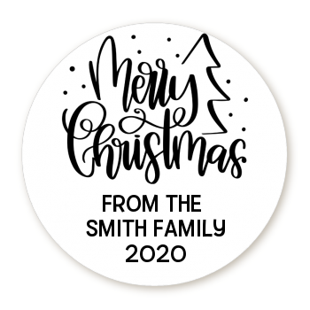  Merry Christmas with Tree - Round Personalized Christmas Sticker Labels Black