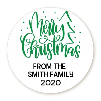  Merry Christmas with Tree - Round Personalized Christmas Sticker Labels Black