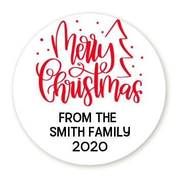  Merry Christmas with Tree - Round Personalized Christmas Sticker Labels Black