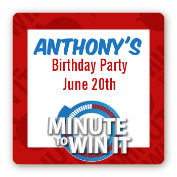 Minute To Win It Inspired - Square Personalized Birthday Party Sticker Labels