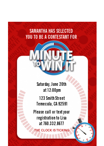  Minute To Win It Inspired - Birthday Party Petite Invitations Option 1