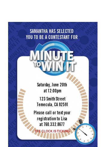  Minute To Win It Inspired - Birthday Party Petite Invitations Option 1