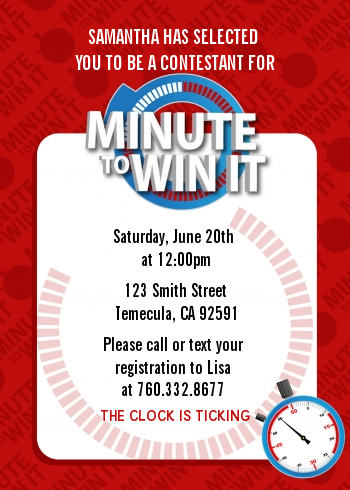  Minute To Win It Inspired - Birthday Party Invitations Option 1