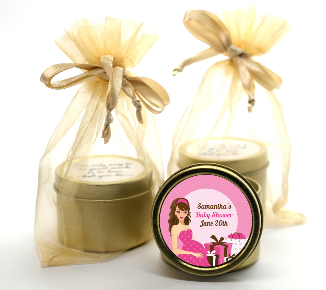  Modern Mommy Crib It's A Girl - Baby Shower Gold Tin Candle Favors Black Hair A