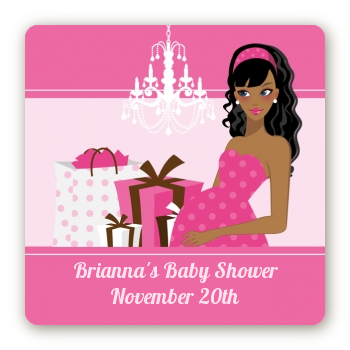  Modern Mommy Crib It's A Girl - Square Personalized Baby Shower Sticker Labels Black Hair A