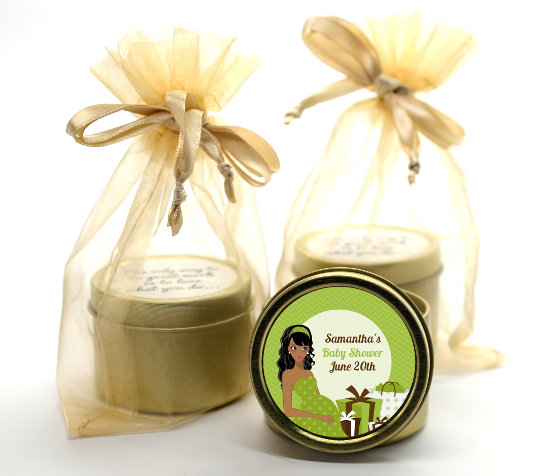  Modern Mommy Crib Neutral - Baby Shower Gold Tin Candle Favors Black Hair A