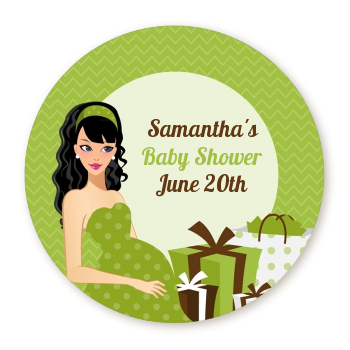  Modern Mommy Crib Neutral - Round Personalized Baby Shower Sticker Labels Black Hair A