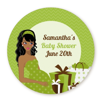  Modern Mommy Crib Neutral - Round Personalized Baby Shower Sticker Labels Black Hair A