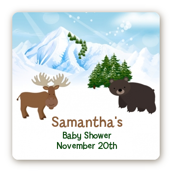 Moose and Bear - Square Personalized Baby Shower Sticker Labels