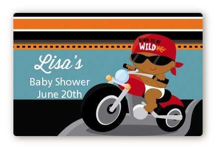 Motorcycle African American Baby Boy - Baby Shower Landscape Sticker/Labels