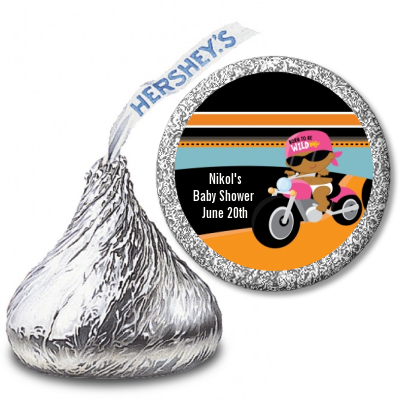 Motorcycle African American Baby Girl - Hershey Kiss Baby Shower Sticker Labels