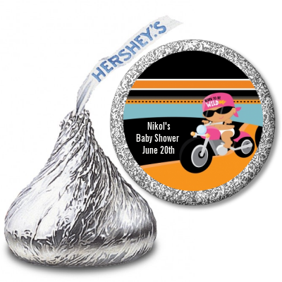 Motorcycle Hispanic Baby Girl - Hershey Kiss Baby Shower Sticker Labels