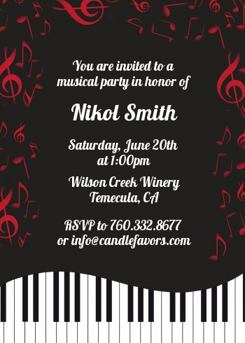  Musical Notes Black and White - Birthday Party Invitations Black Red