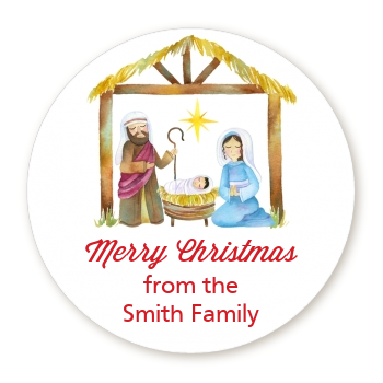  Nativity Watercolor - Round Personalized Christmas Sticker Labels 
