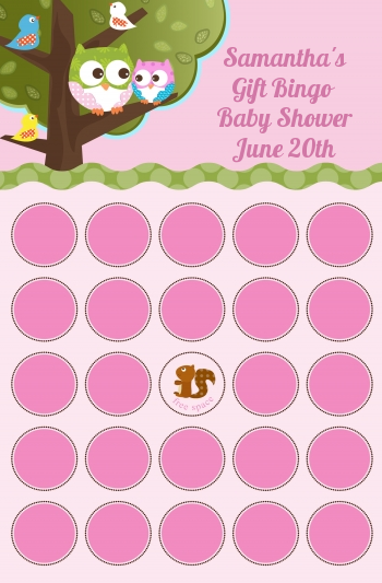 Owl - Look Whooo's Having A Girl - Baby Shower Gift Bingo Game Card