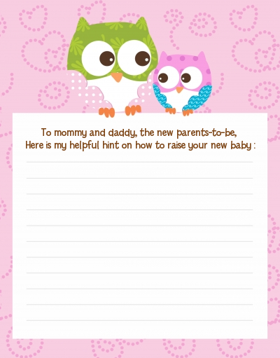 Owl - Look Whooo's Having A Girl - Baby Shower Notes of Advice