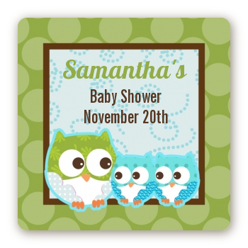 Owl - Look Whooo's Having Twin Boys - Square Personalized Baby Shower Sticker Labels