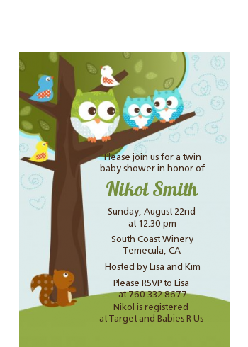 Owl - Look Whooo's Having Twin Boys - Baby Shower Petite Invitations
