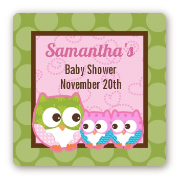 Owl - Look Whooo's Having Twin Girls - Square Personalized Baby Shower Sticker Labels