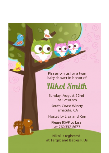 Owl - Look Whooo's Having Twin Girls - Baby Shower Petite Invitations