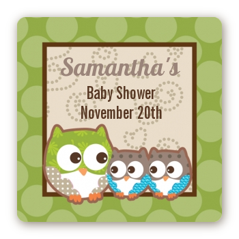 Owl - Look Whooo's Having Twins - Square Personalized Baby Shower Sticker Labels