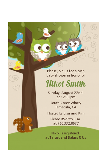 Owl - Look Whooo's Having Twins - Baby Shower Petite Invitations