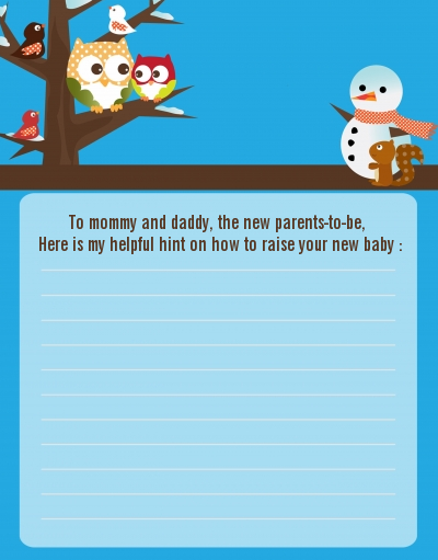 Owl - Winter Theme or Christmas - Baby Shower Notes of Advice