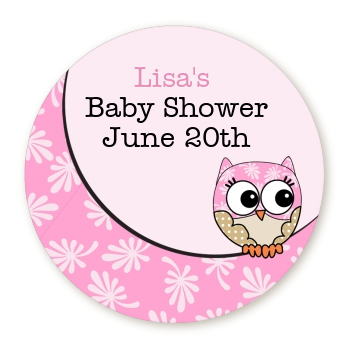  Owl Pink - Round Personalized Baby Shower Sticker Labels Option 1