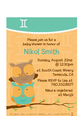 Owls | Gemini Horoscope - Baby Shower Petite Invitations