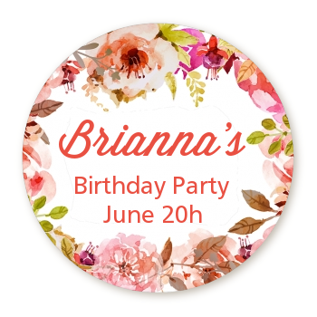  Pink Watercolor Flowers - Round Personalized Birthday Party Sticker Labels 