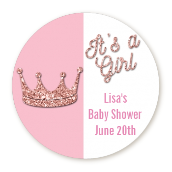 Pink Glitter Baby Crown - Round Personalized Baby Shower Sticker Labels Option 1