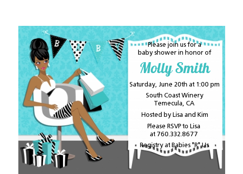  Posh Mom To Be Blue - Baby Shower Petite Invitations Black Hair A