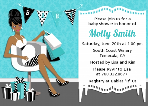  Posh Mom To Be Blue - Baby Shower Invitations Black Hair A