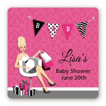  Posh Mom To Be - Square Personalized Baby Shower Sticker Labels Black Hair