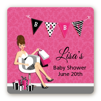  Posh Mom To Be - Square Personalized Baby Shower Sticker Labels Black Hair